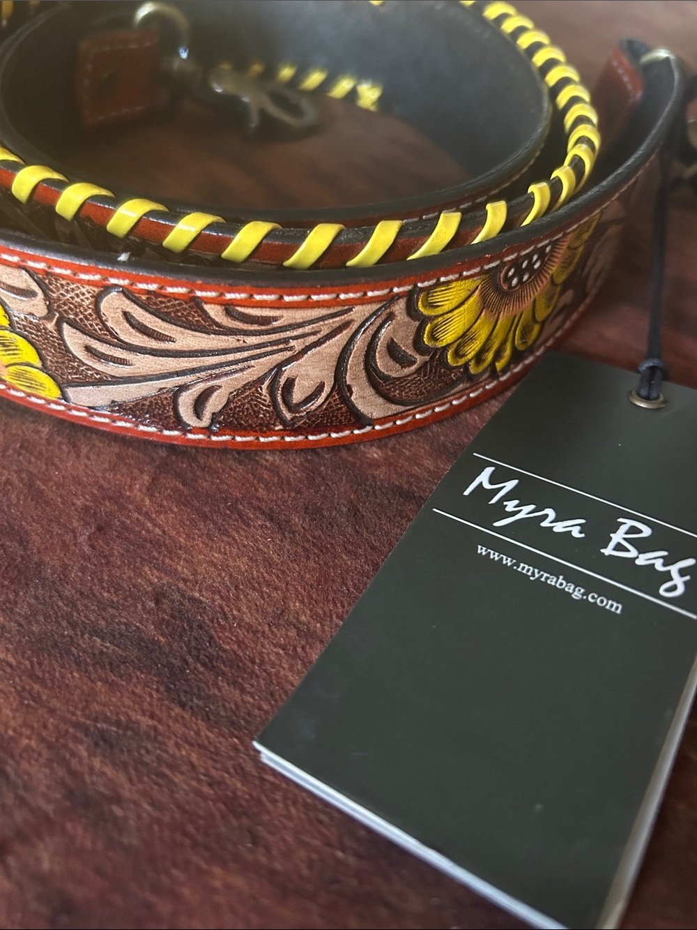 Myra Bag Yellow and Brown Hand-Tooled Floral Leather Strap